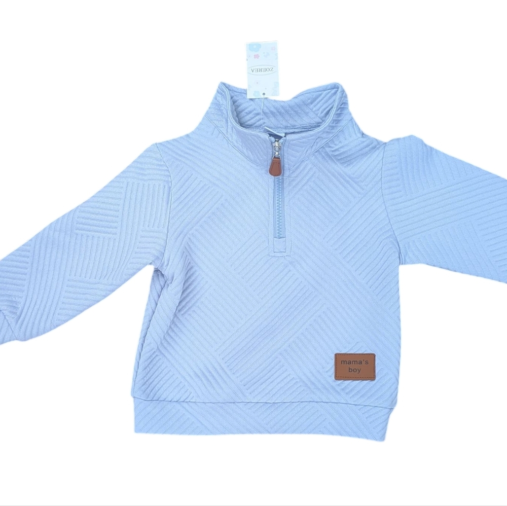 ZOEREA Baby Boy 2-3T Blue Quilted Quarter Zip Pullover "Mama's Boy" NWT Fall